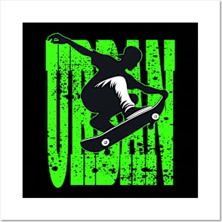 Dynamic Skateboarder Silhouette on Grunge Green Posters and Art